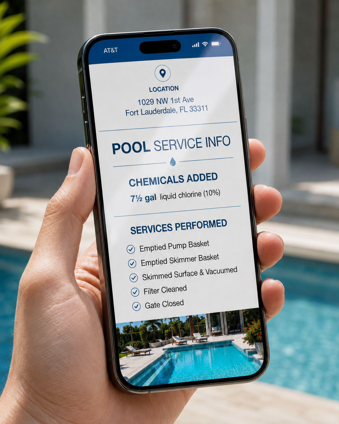Skimmer service report on a phone, held next to a pool